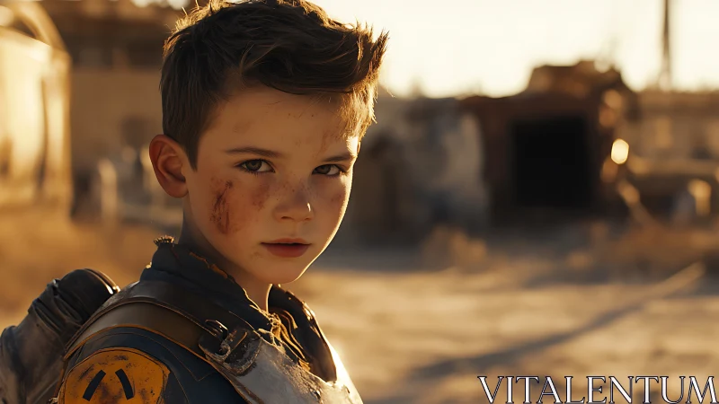 Dust-covered boy in sci-fi armor under harsh desert sun.