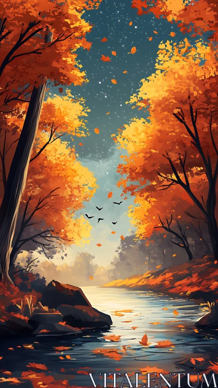 Autumn forest river under starry evening sky illustration.