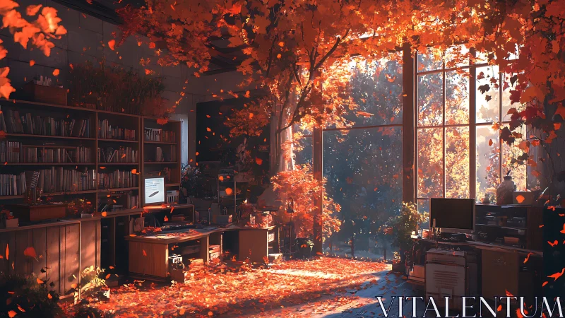 Office interior merged with autumn foliage and windowed wall.