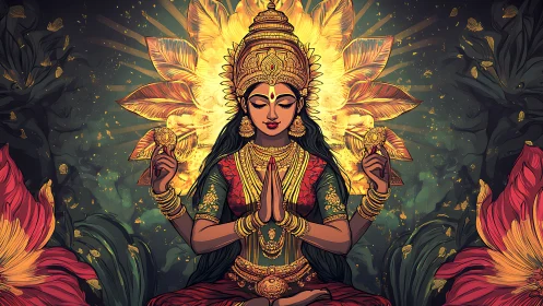 Central seated deity figure is framed by radiant floral forms