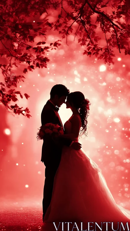 Backlit bridal couple silhouette under crimson bokeh canopy