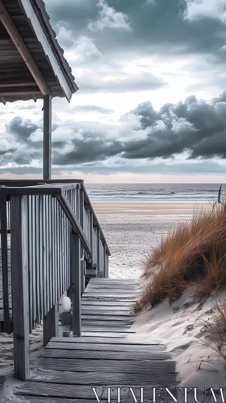 Weathered wooden dune walkway leading to overcast shoreline