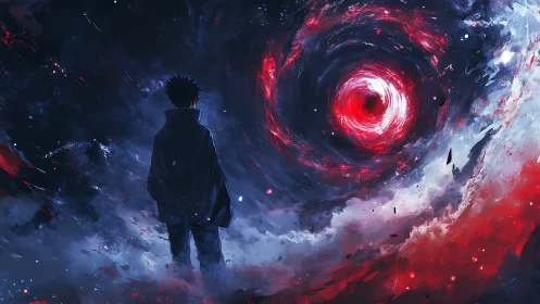 Lone figure faces swirling red cosmic vortex in space.