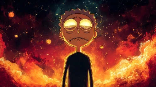 Melancholic cartoon figure stands in a burning cosmic void.