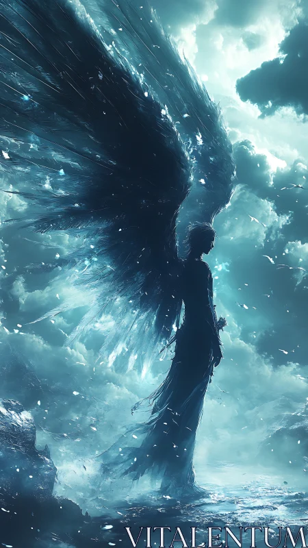 Storm-lit celestial guardian unfurls wings of frozen starlight.