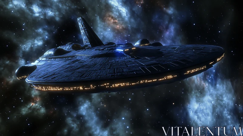 Massive starship glides through luminous deep space nebula.