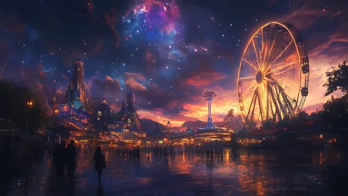 Futuristic night carnival under vivid cosmic sky.