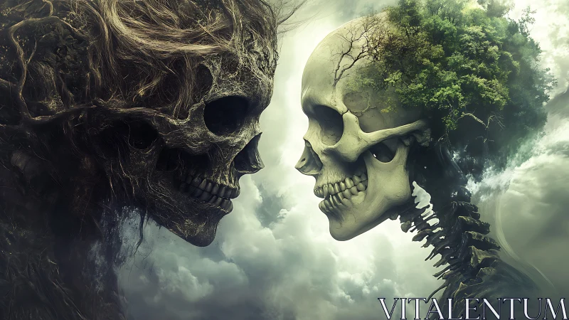 Opposing skulls visualize decay and regrowth in surreal detail
