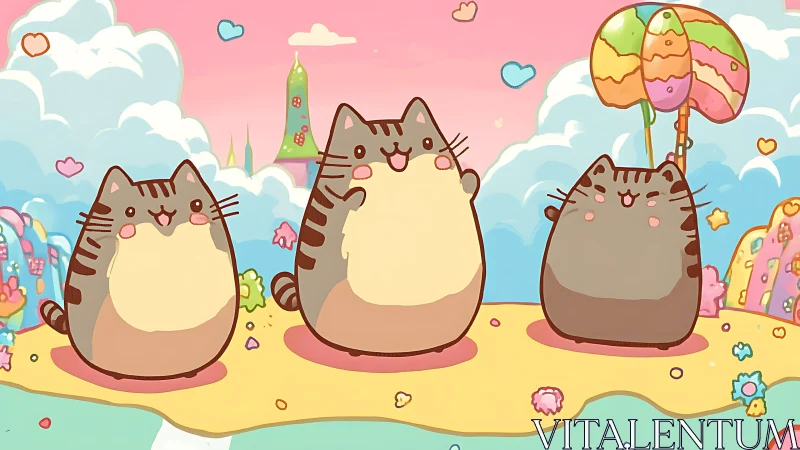 Whimsical Feline Trio Frolics in Dreamland Pastel Paradise