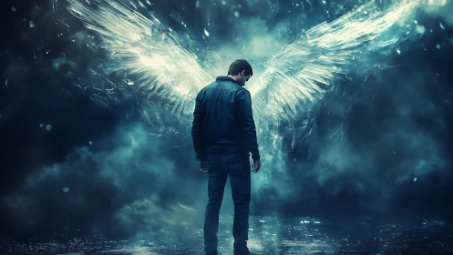 Man stands before glowing digital wings in dark mist