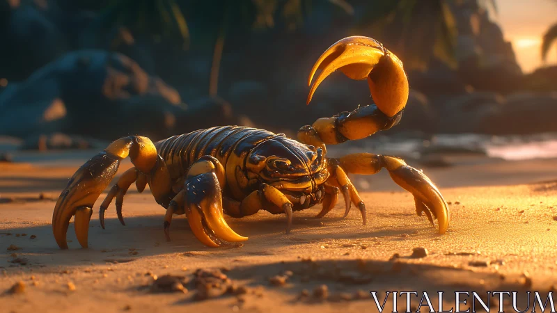 Hybrid scorpion-crustacean under cinematic coastal lighting.