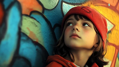 Child in Red Beanie Against Vibrant Street Art.
