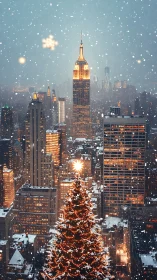 Snowfall over illuminated skyline with towering lit tree foreground