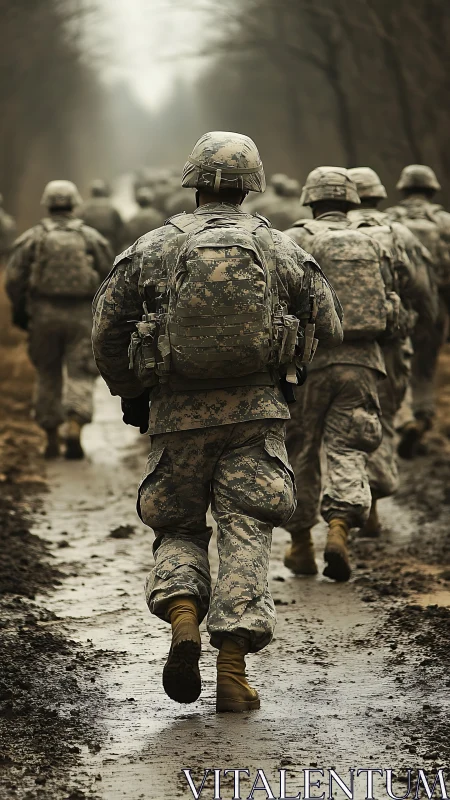 Soldiers march through muddy forest road in muted light.