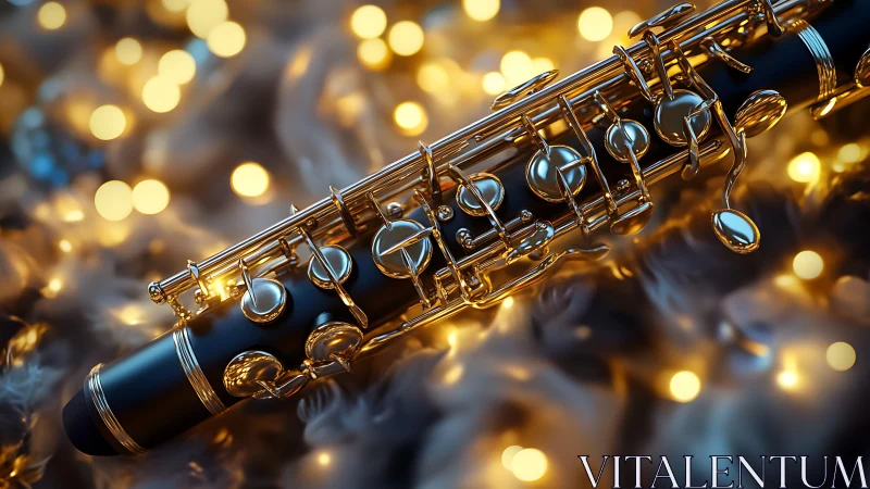 Golden clarinet resting in dreamy bokeh lights at dusk.