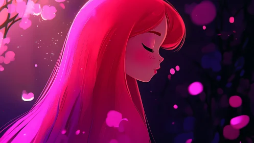 Side-lit anime girl in magenta rim light and defocused bokeh field