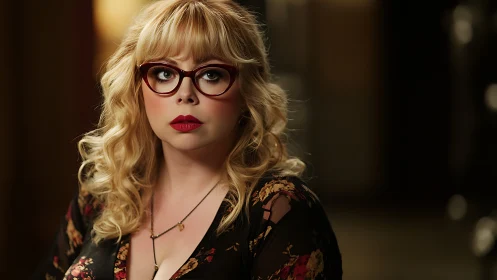 Blonde woman in floral dress under warm cinematic light.