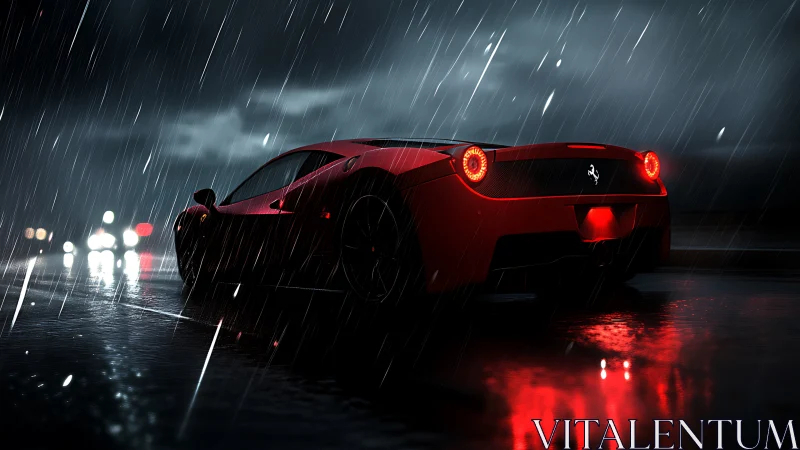 Crimson supercar gliding through neon rainlit midnight streets.