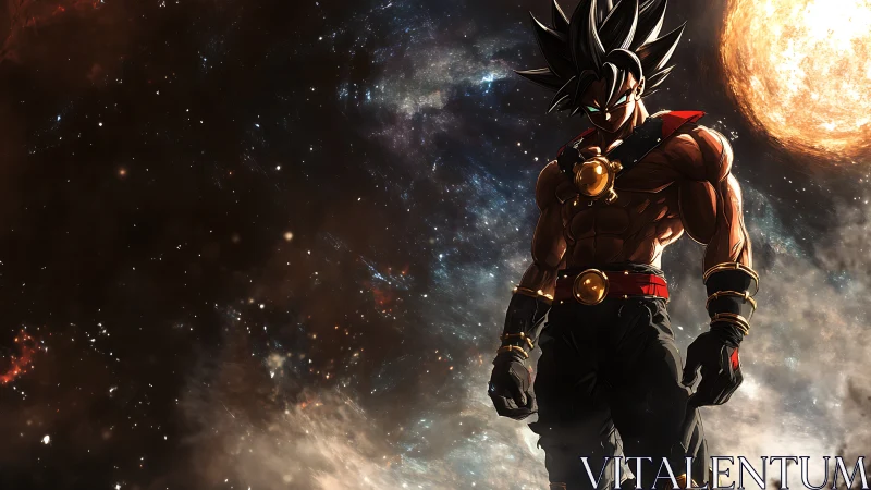 Muscular anime warrior silhouetted in starfield against blazing sun