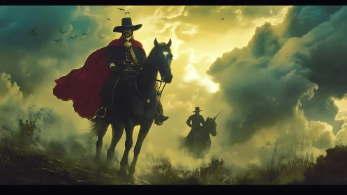 Two mounted figures traverse misty terrain under dense clouds