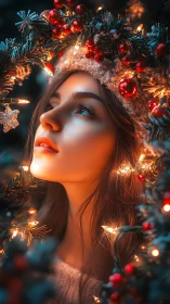 Holiday lights framing contemplative woman in warm glow.