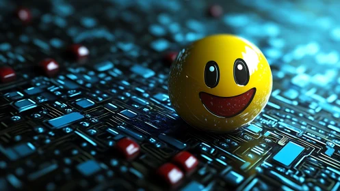 Smiley sphere reflects neon circuits on glossy motherboard