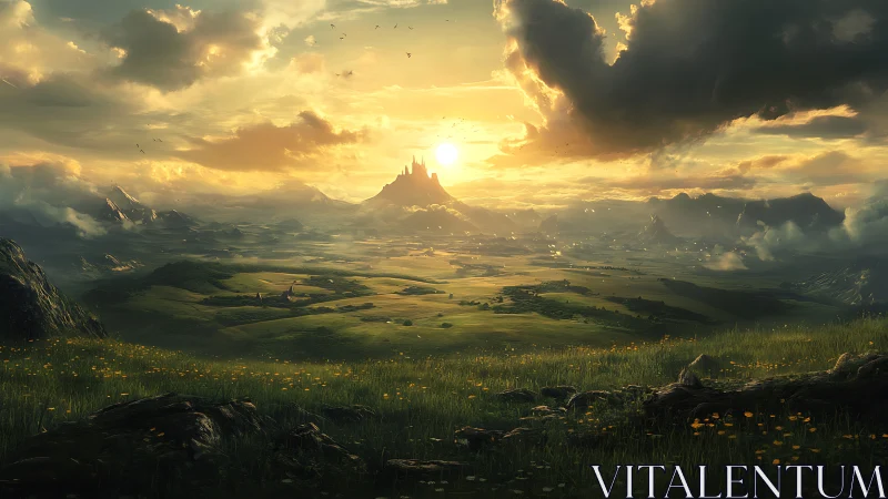 Sunlit kingdom rising over vast emerald valley at dusk.