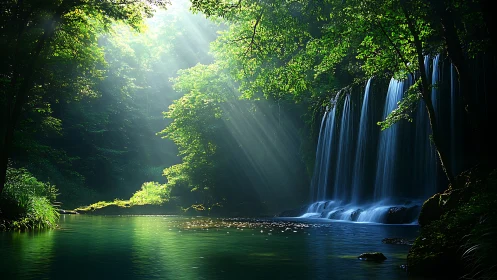 Sunlit forest waterfall pours into still green river pool