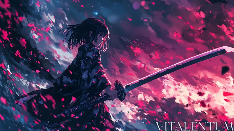 Twilight samurai girl amid swirling neon sakura skies.