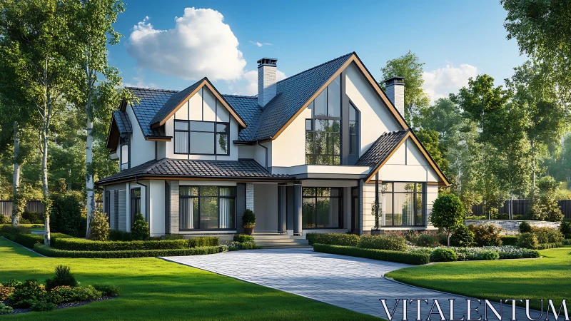 Modern country villa stands in landscaped summer garden