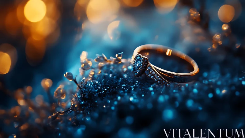 Golden ring glowing softly in dreamy blue bokeh lights.