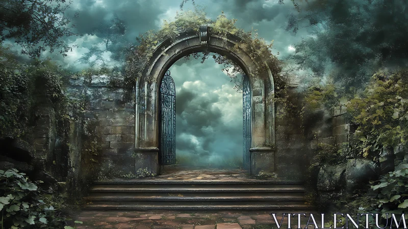 Enchanted stone archway to mist-laden ethereal realm.