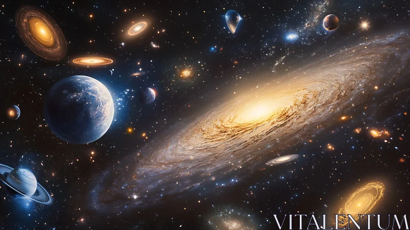 Digitally rendered spiral galaxy with multiple orbiting worlds.