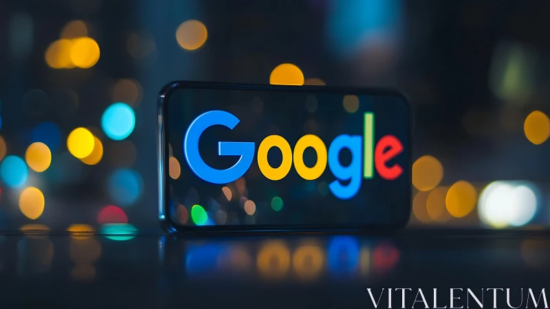 Smartphone displays Google logo against defocused city lights