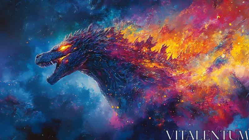 Cosmic dragon silhouette engulfed in prismatic flame storm.