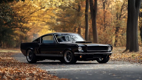 Classic black Ford Mustang parked on a quiet autumn road.