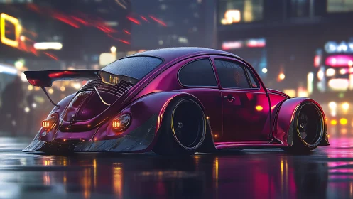 Retro beetle glows in neon city rain, full of playful style.