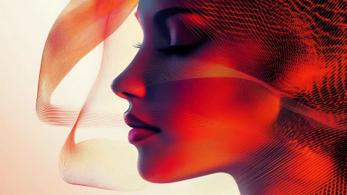 Silken data streams cradle a dreaming digital visage in firelight