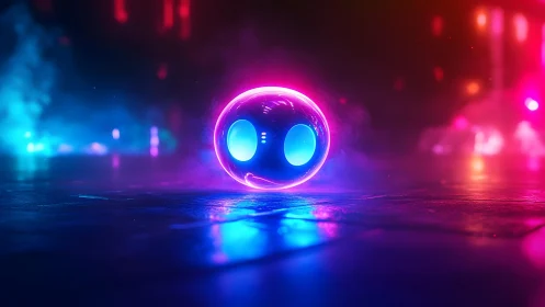 Futuristic Neon Glowing Orb Character in Cyberpunk Setting.