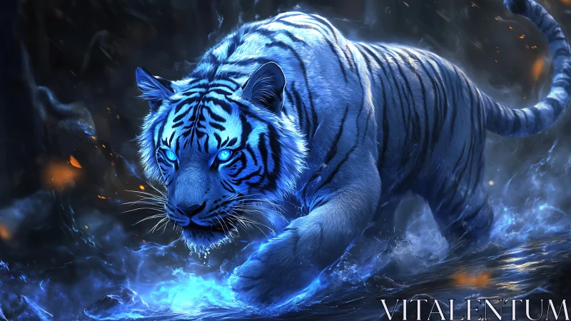 Blue lit tiger moves through shallow water in dark setting