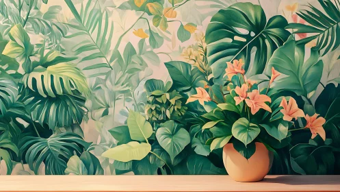 Tropical foliage mural with peach lilies in ceramic pot.