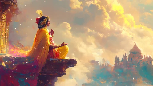 Golden-robed dreamer meditating above a sky temple city.