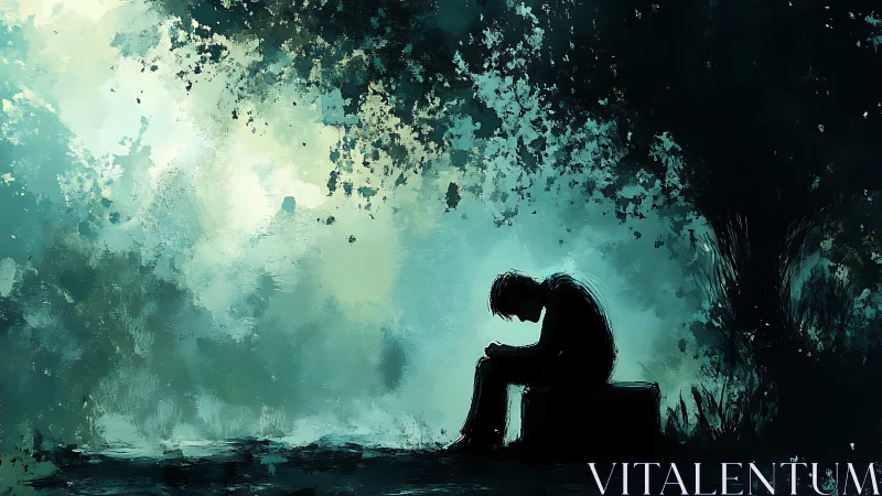 Solitary figure under tree in moody teal twilight forest