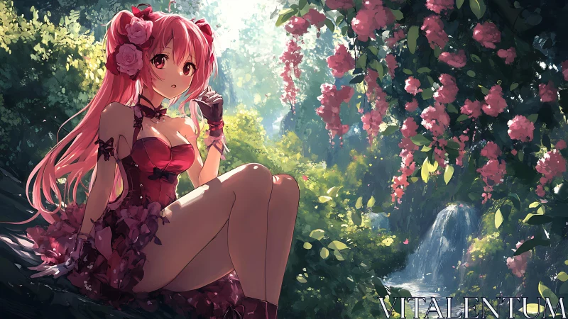 Rose-haired anime girl resting in luminous forest glade.