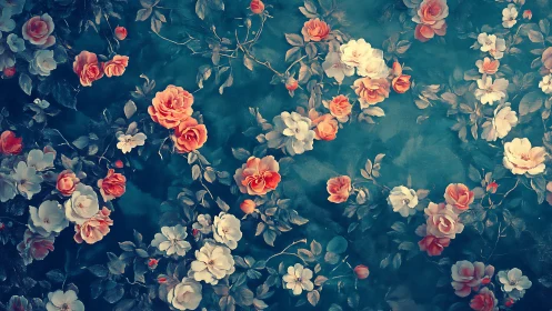 Vintage Botanical Composition with Layered Rose Blooms and Foliage