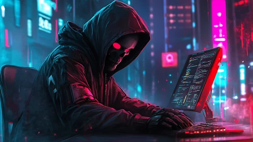 Cyberpunk skeletal hacker monitors neon code stream.