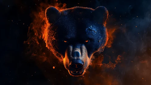 Fierce digital bear head emerges through fire and smoke