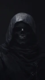 Hooded skeletal reaper portrait in deep shadowed darkness.