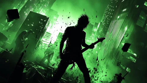 Silhouetted guitarist stands before illuminated cityscape