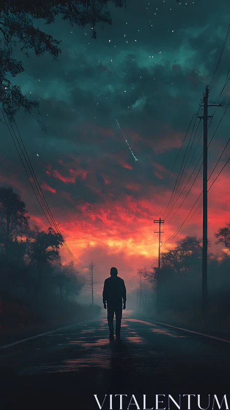 Quiet road wanderer under a glowing twilight sky.